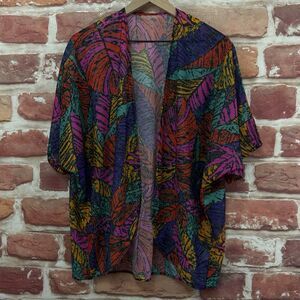 Floral Abstract Leaves Shirt Topper Women's OS Multicolor Casual Sheer Shrug Top